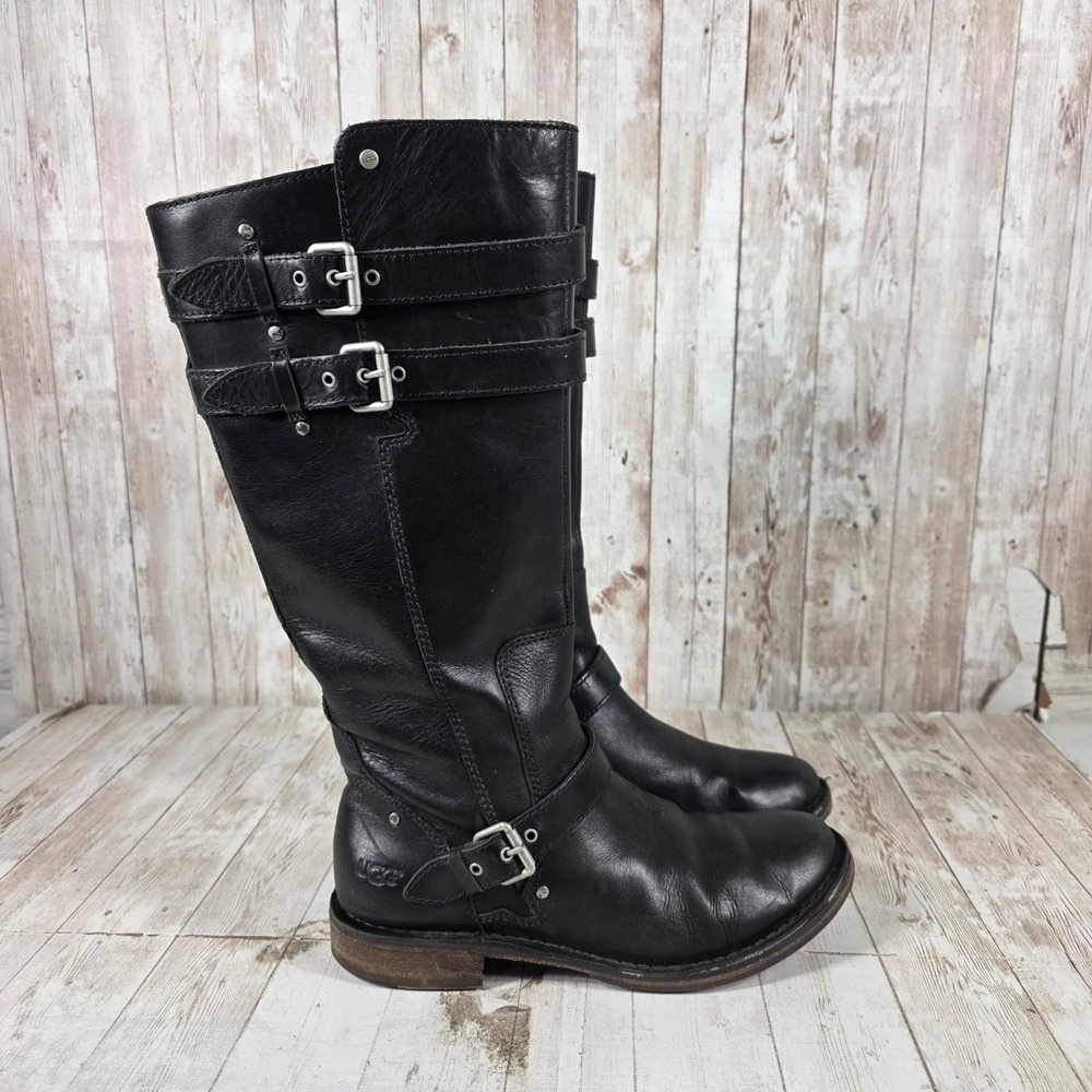 UGG Austin Tall Black Leather Moto Buckle Riding Boots 1001999 Womens 7.5